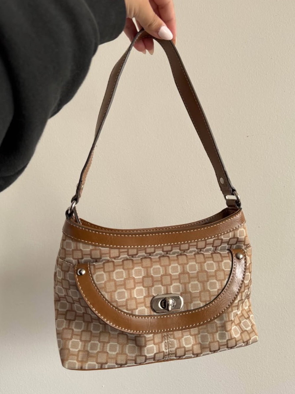 Classic Beige Patterned Shoulder Bag with Brown Trim